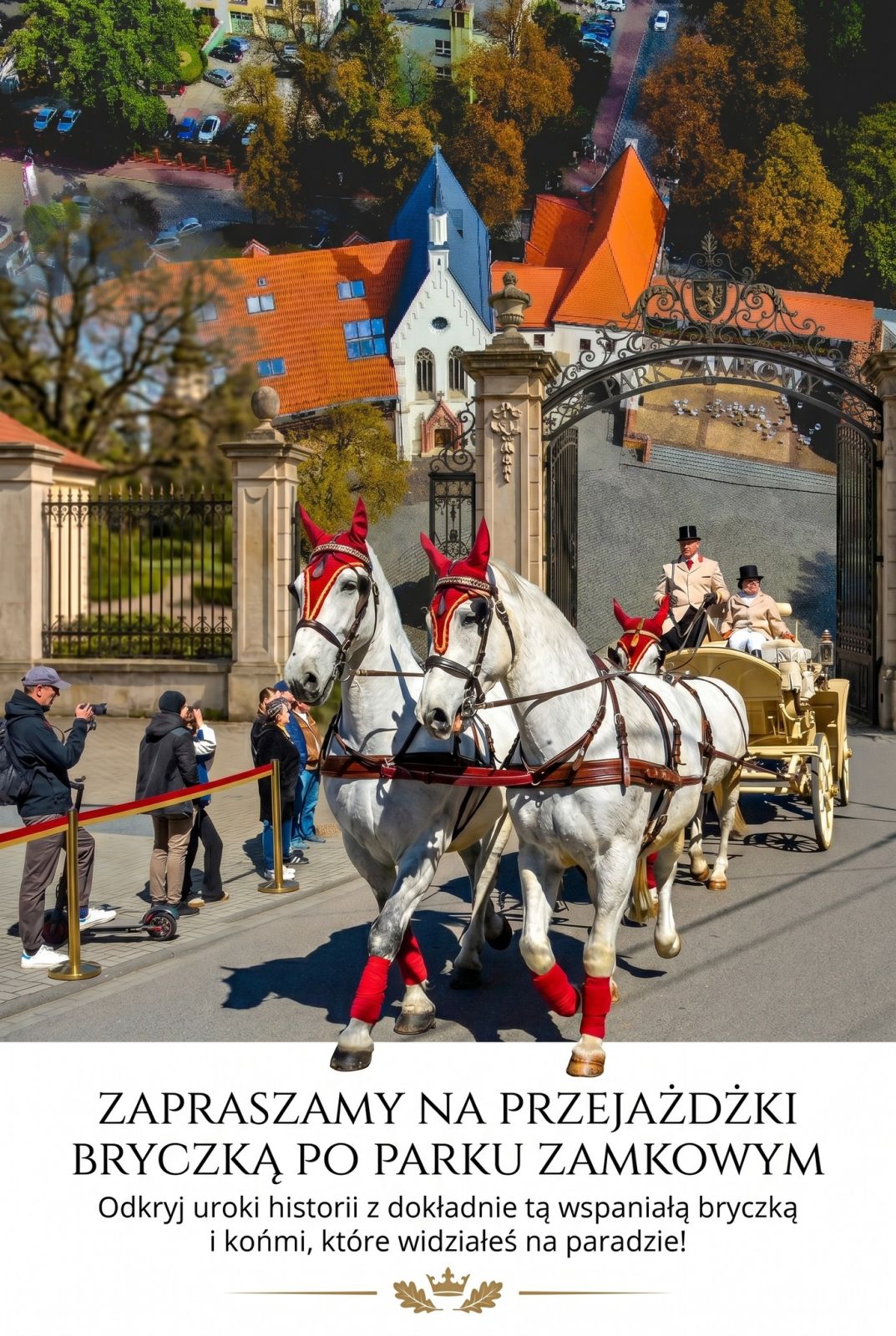 Bryczka z końmi i woźnicą na tle Zamku Piastowskiego w Raciborzu