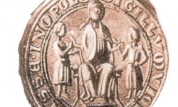 Pieczęć majestatyczna księżnej Violi z lat 1234-1235. Księżna siedzi na tronie i trzyma za ręce synó